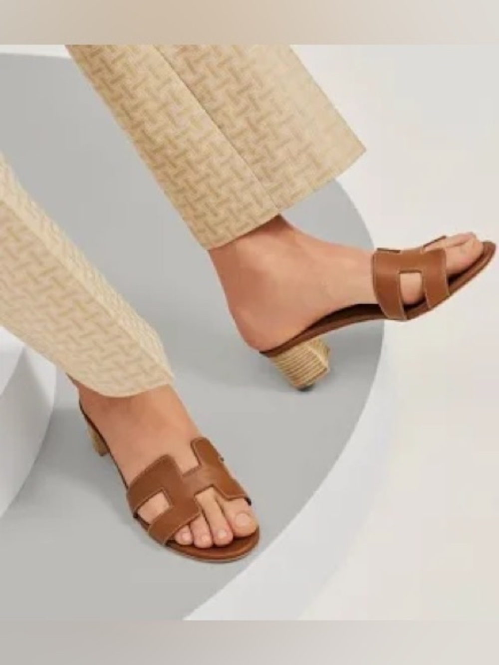 Hermes Brown Gold Oasis Oran "H" Cut Out Sandals Shoes Sz 36.5
